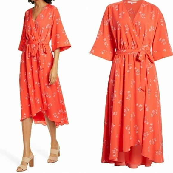 JOIE Daymon B Floral-Print Crepe De Chine MIDI Wrap Dress in Tomato Red Size S - Picture 13 of 16